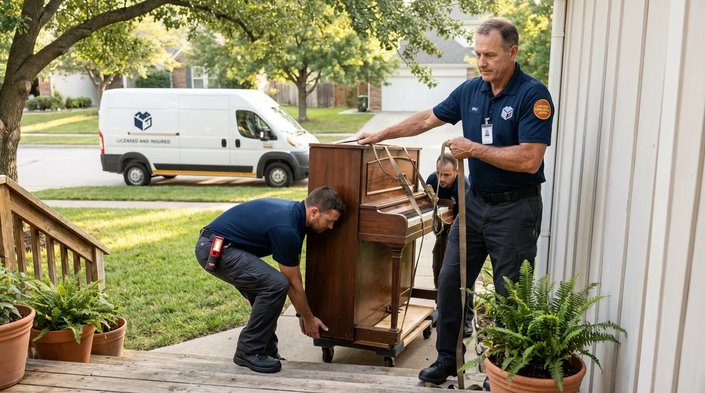 Licensed piano movers securing grand piano in Ocala, FL