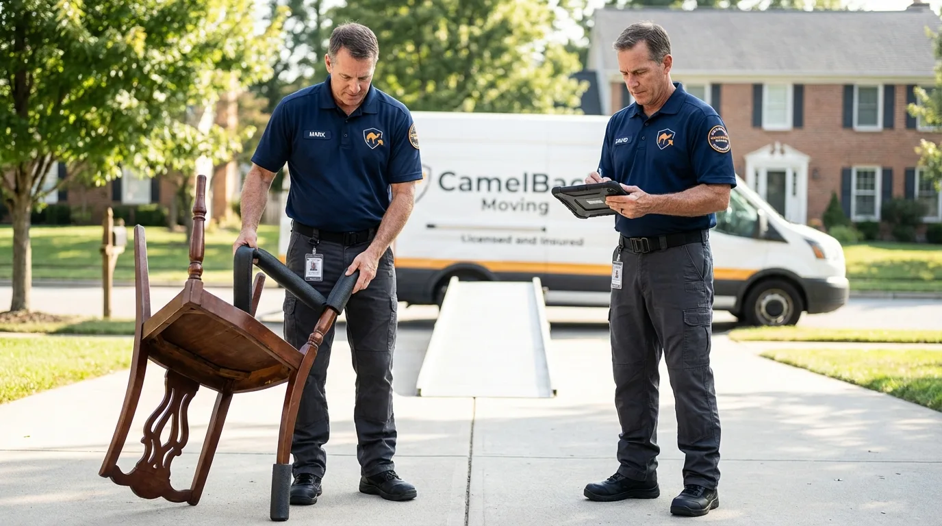 Movers inspecting furniture for damage prevention before loading in Ocala, FL