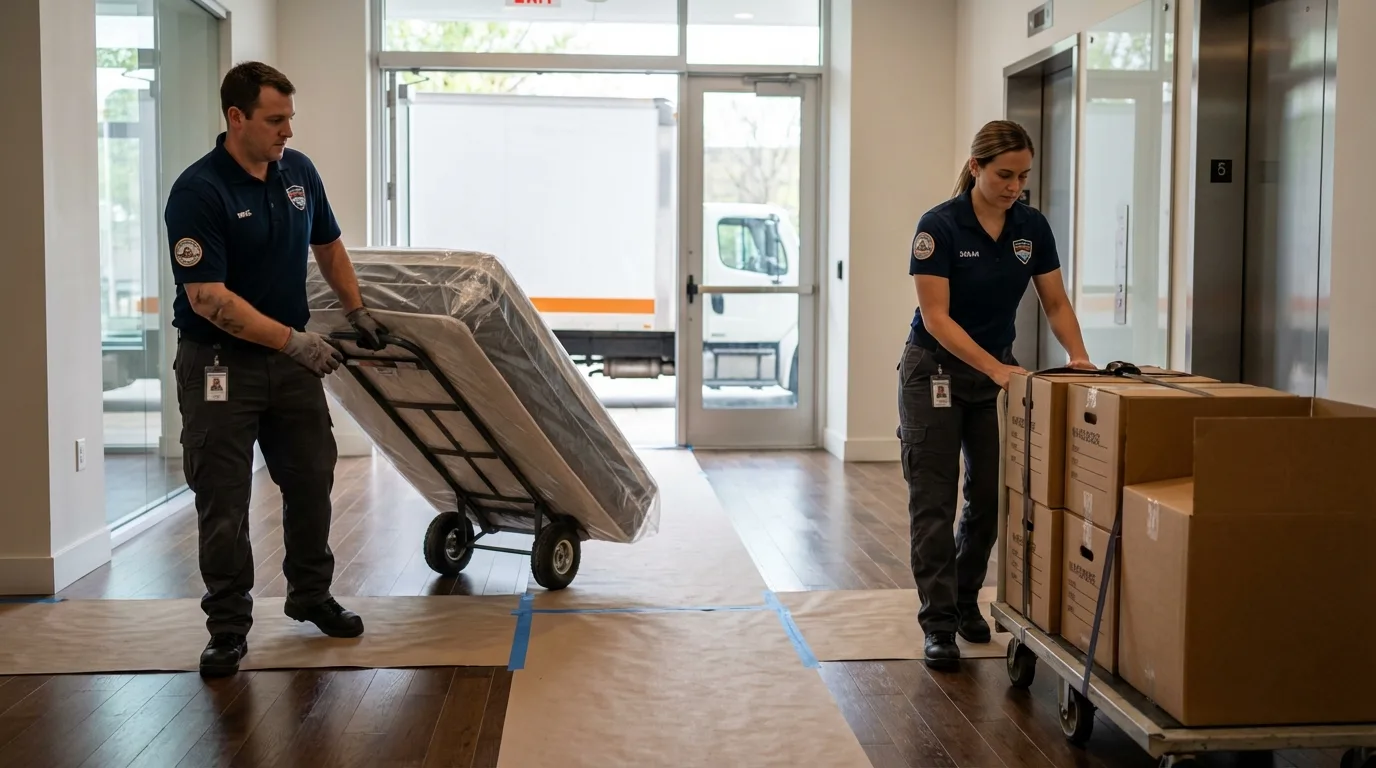 Professional apartment movers loading elevator in Ocala, FL